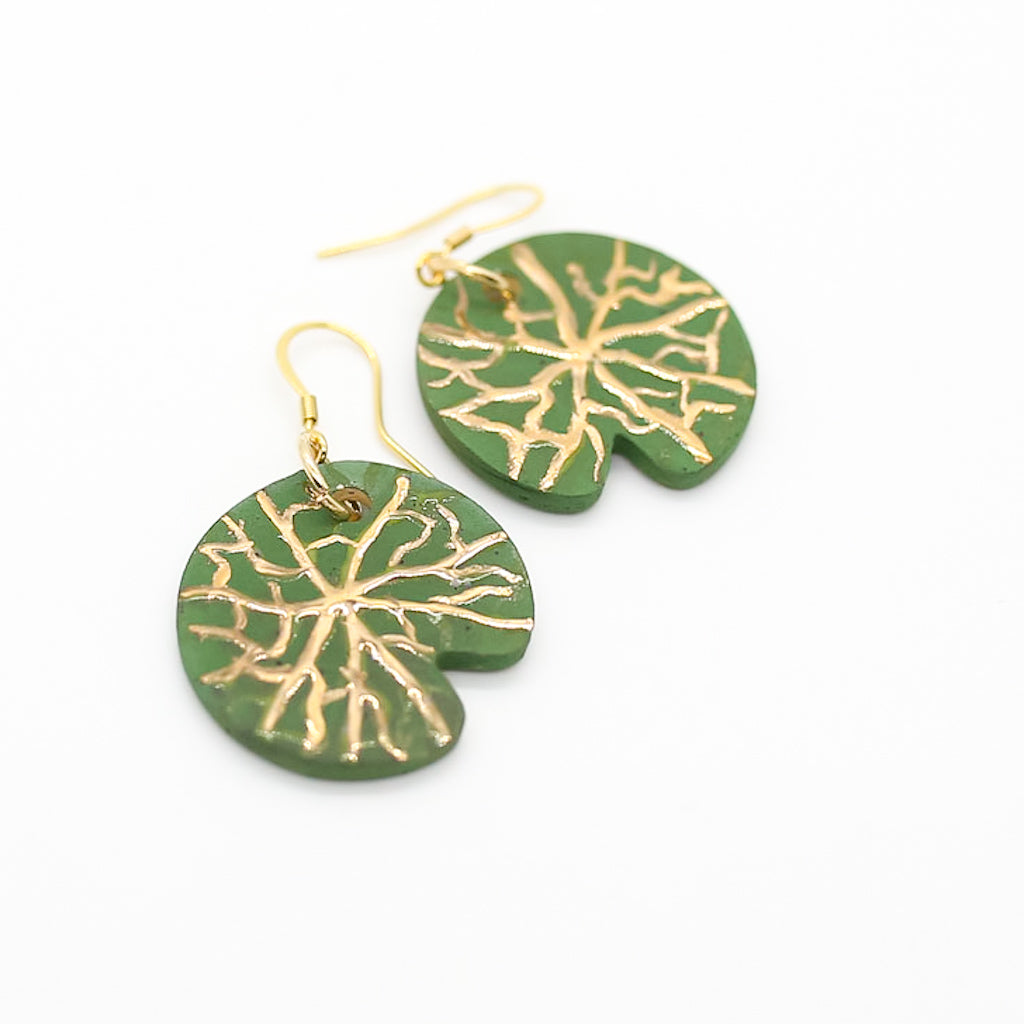 Dark Green & Gold Lilly Pad Earrings