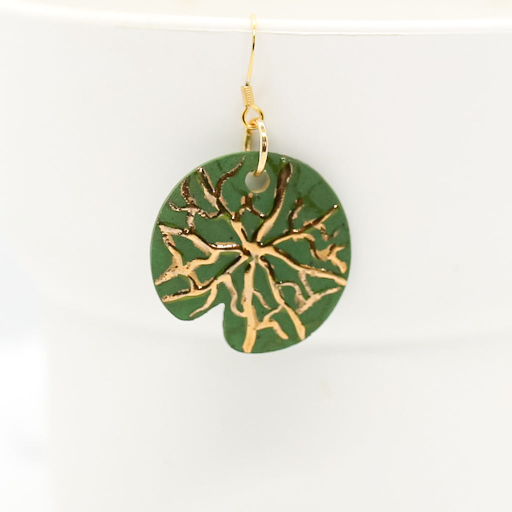 Dark Green & Gold Lilly Pad Earrings